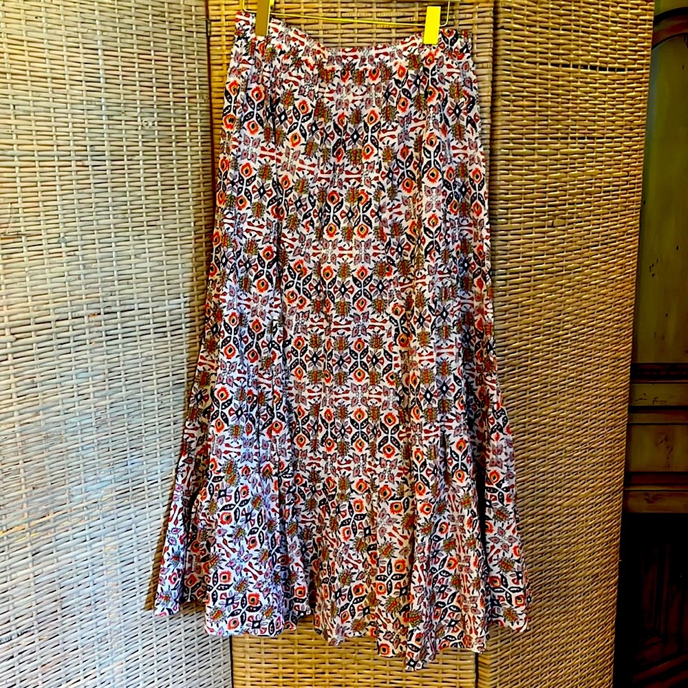 Roller Rabbit orange, navy & white print M/L Maxi dress elastic waist band